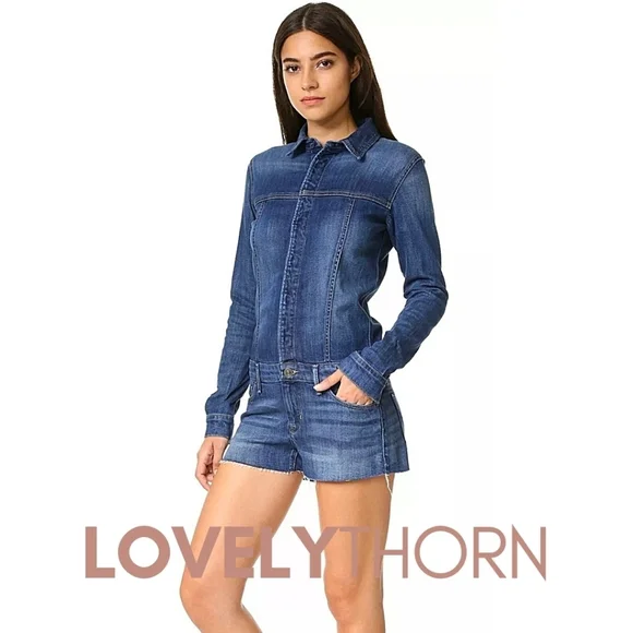 HUDSON // ltd ed ultra-flattering fit long sleeved raw hem stretch denim romper - Picture 3 of 16